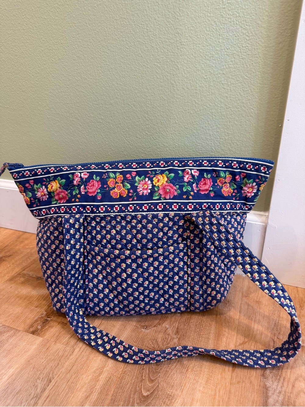 Vintage Vera Bradley Navy Quilted Shoulder Bag with Floral Trim